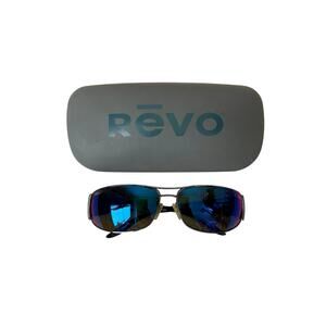 Revo sunglasses with silver frames and blue mirrored, polarized lenses